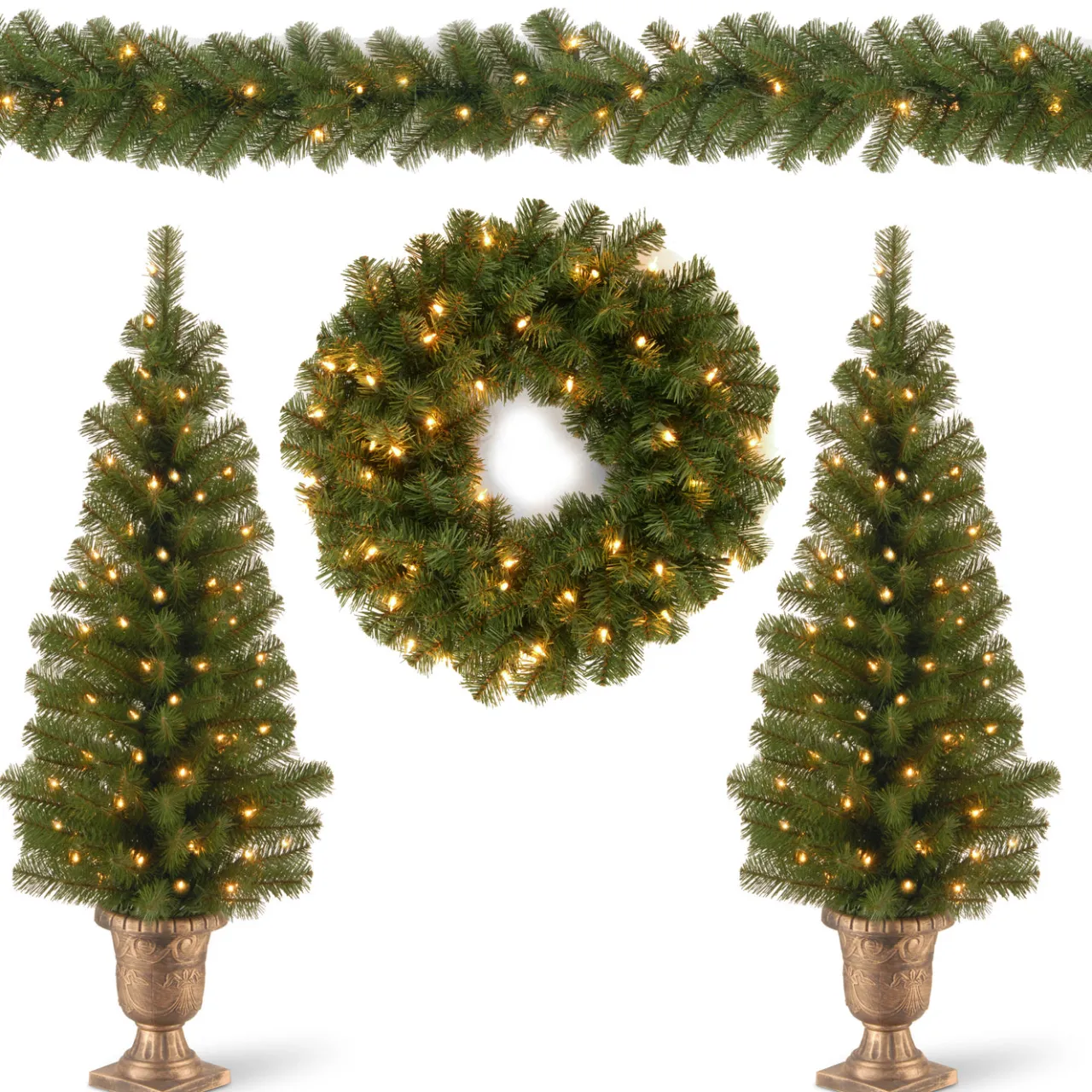 New National Tree Company Pre-Lit Evergreen Assortment Set of 2 Entrance Trees, 1 Wreath, 1 Garland