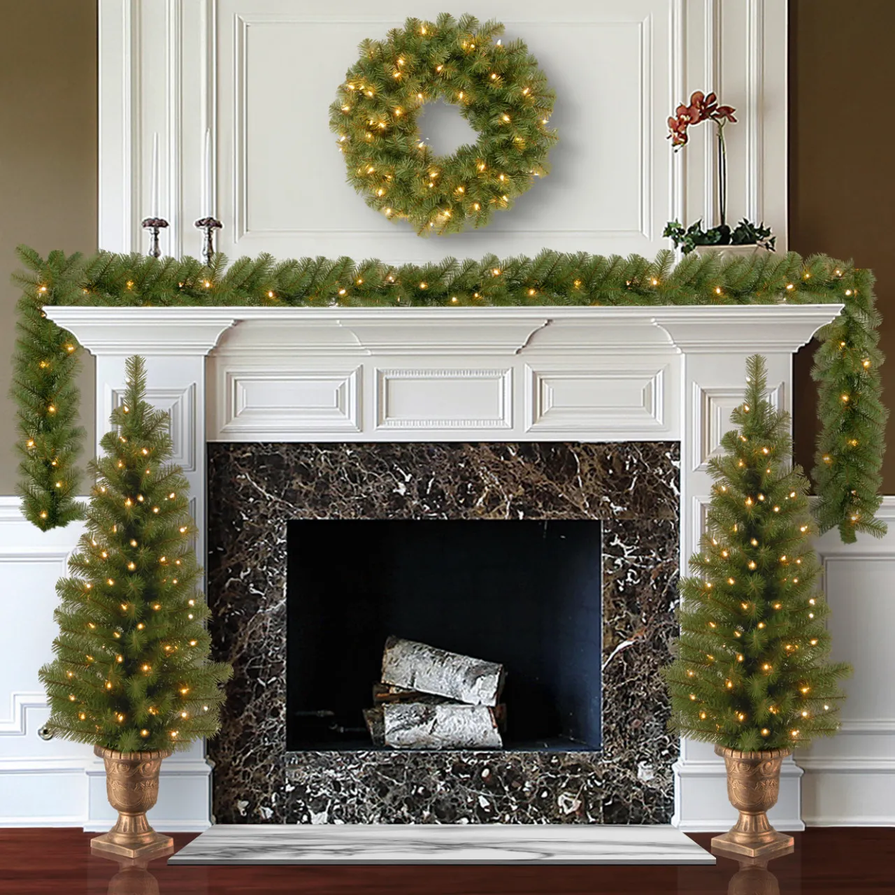 New National Tree Company Pre-Lit Evergreen Assortment Set of 2 Entrance Trees, 1 Wreath, 1 Garland