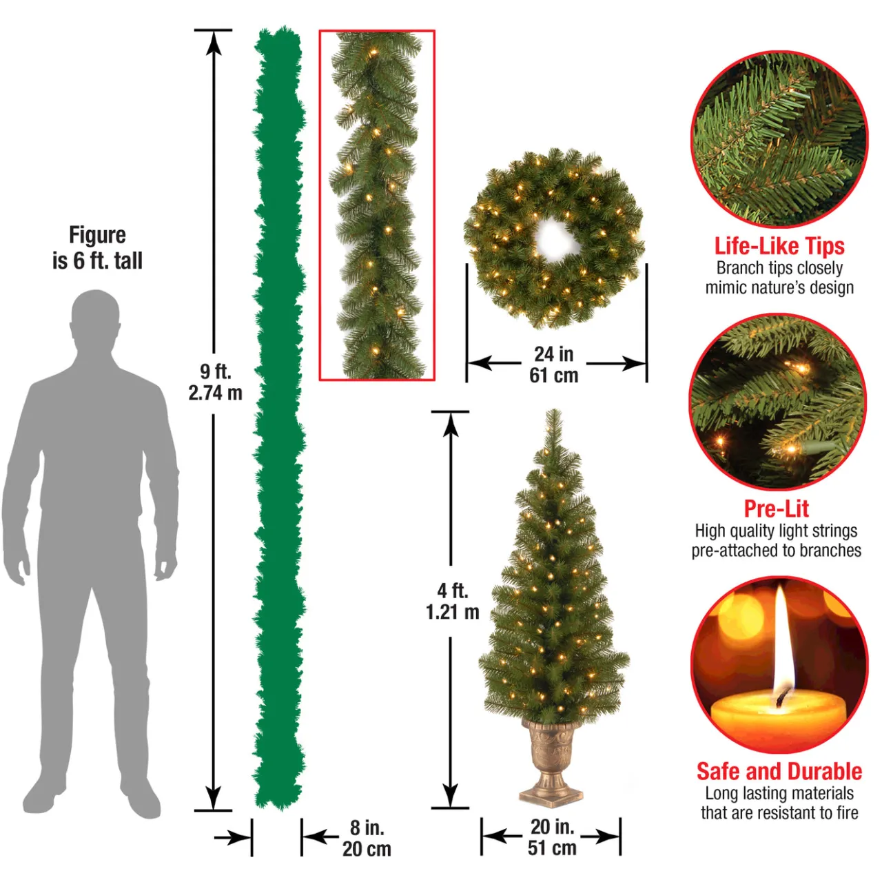 New National Tree Company Pre-Lit Evergreen Assortment Set of 2 Entrance Trees, 1 Wreath, 1 Garland