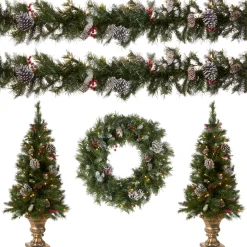 Discount National Tree Company Pre-Lit Frosted Berry Assortment with 2 Entrance Trees, 1 Wreath, 2 Garland
