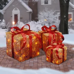 National Tree Company Pre-Lit Gold Gift Box with Red Bow, Set of Three, White Lights