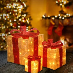 New National Tree Company Pre-Lit Gold Gift Boxes, Set of Three, 105 White Lights
