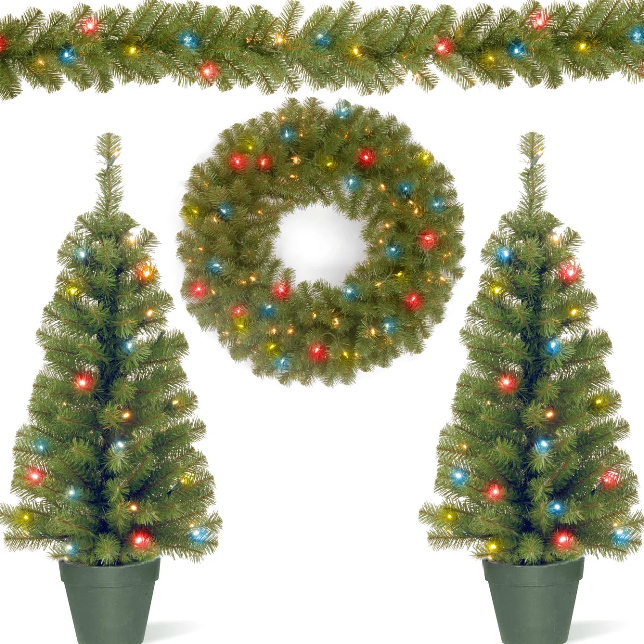 Best National Tree Company Pre-Lit Promotional Green Assortment Set of 2 Entrance Trees, 1 Wreath, 1 Garland