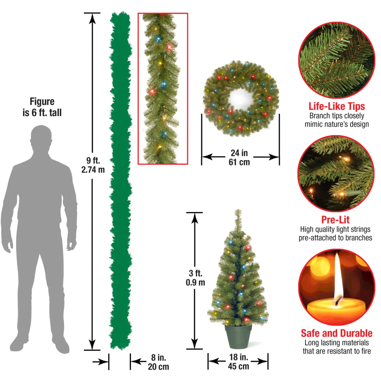 Best National Tree Company Pre-Lit Promotional Green Assortment Set of 2 Entrance Trees, 1 Wreath, 1 Garland