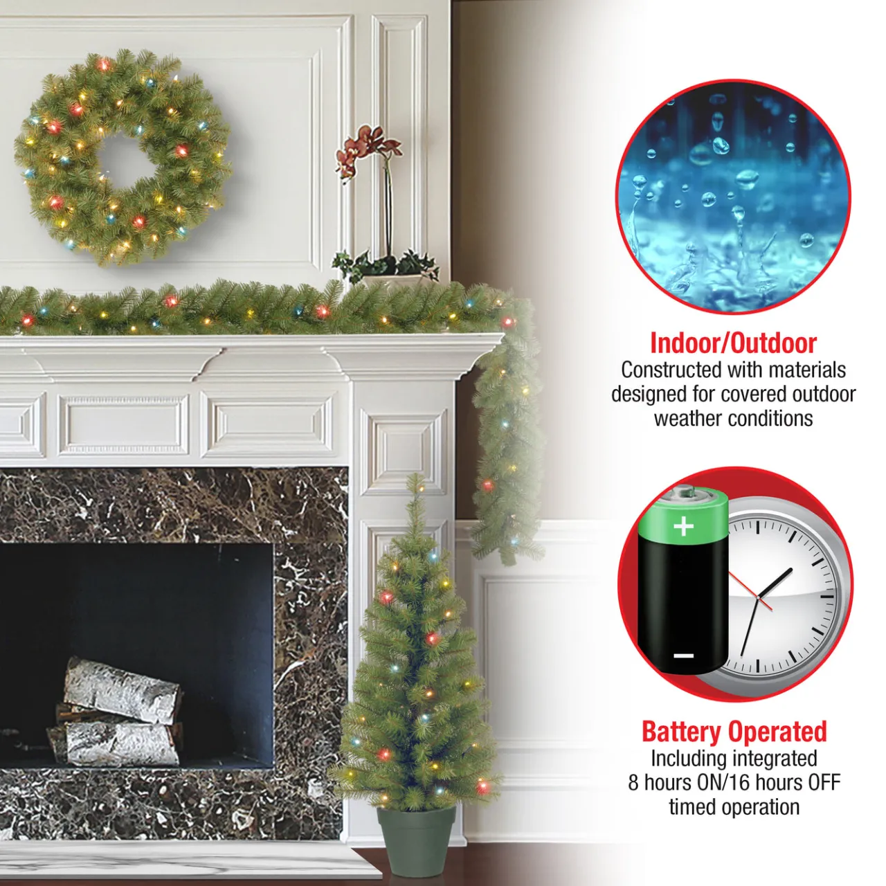 Best National Tree Company Pre-Lit Promotional Green Assortment Set of 2 Entrance Trees, 1 Wreath, 1 Garland