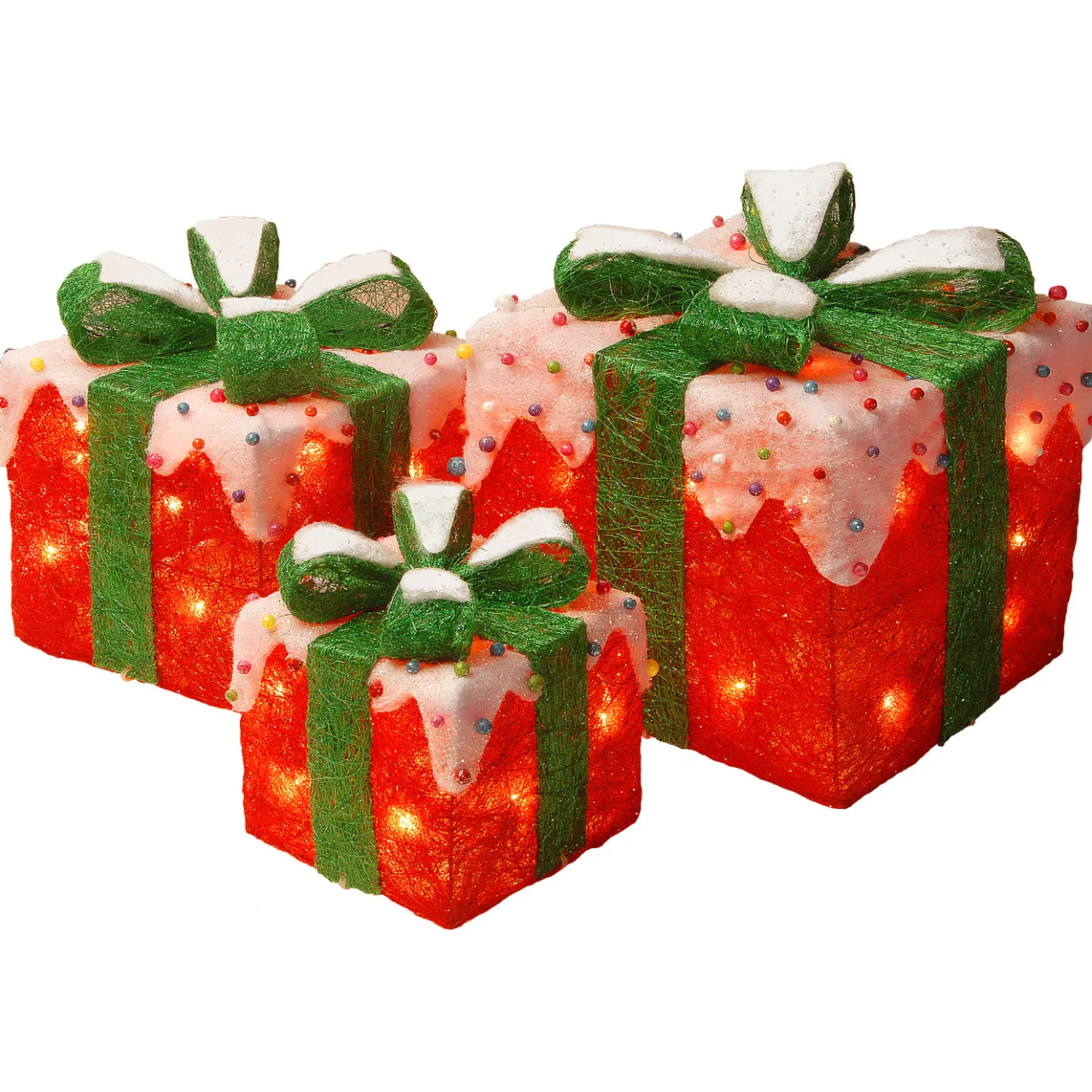 Discount National Tree Company Pre-Lit Red and White Gift Boxes, Set of Three, White Lights