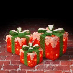 Discount National Tree Company Pre-Lit Red and White Gift Boxes, Set of Three, White Lights