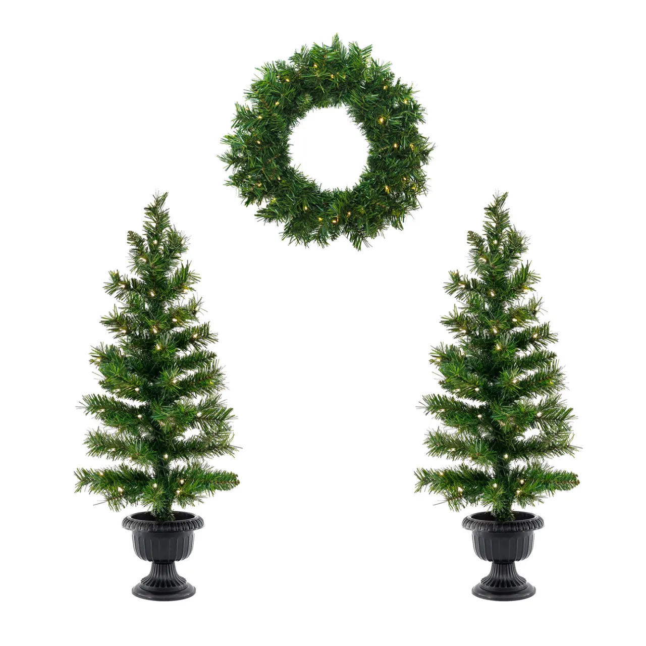 Best National Tree Company Pre-Lit Warm Welcome Assortment Set of 2 Entrance Trees, 1 Wreath