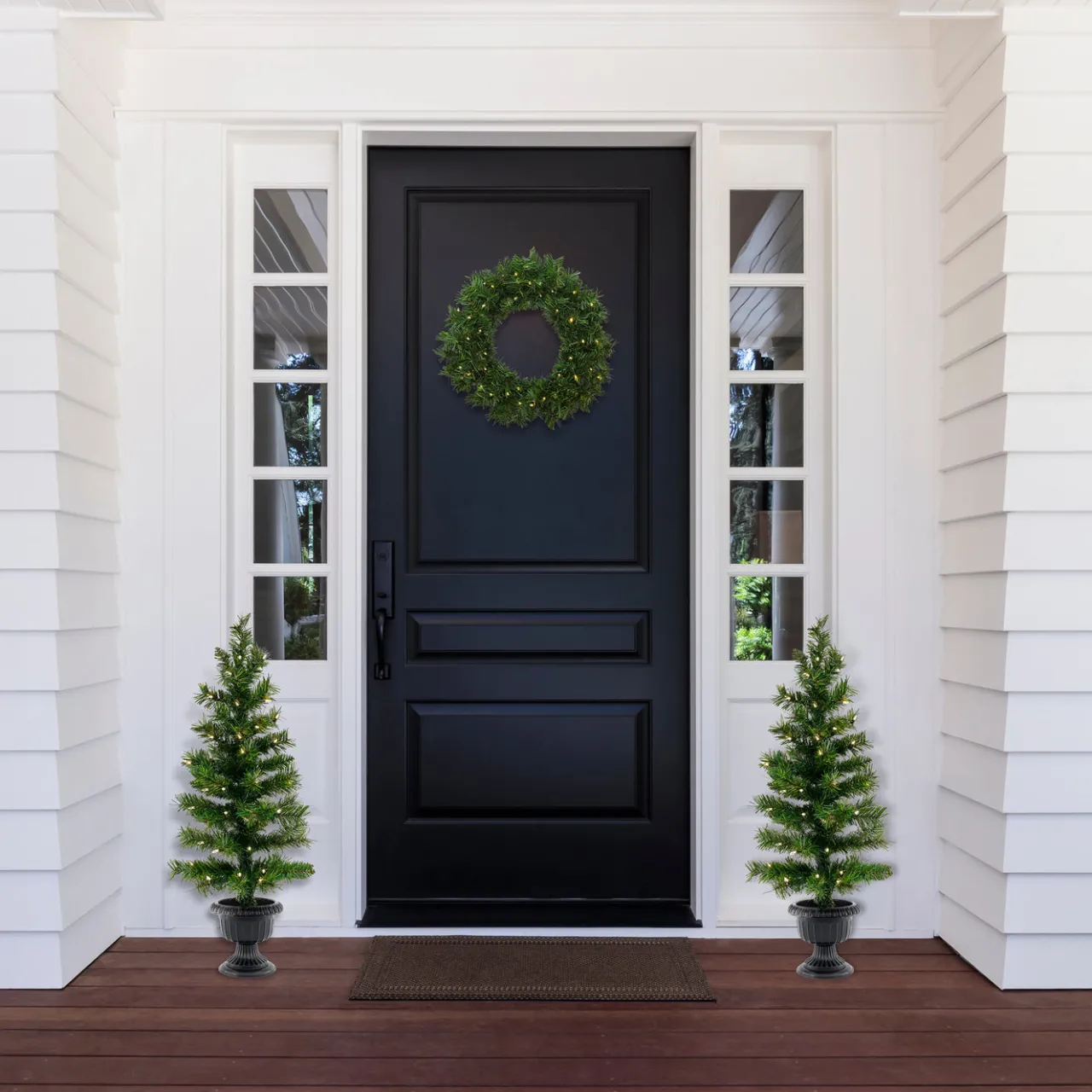 Best National Tree Company Pre-Lit Warm Welcome Assortment Set of 2 Entrance Trees, 1 Wreath